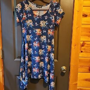 French Atmosphere Blue and Orange Asymmetrical Fit-and-Flare Sundress